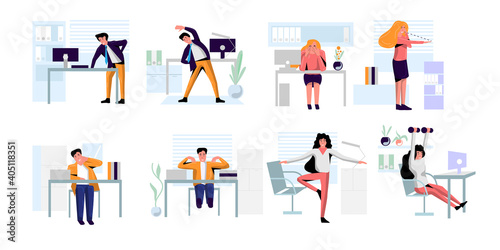 Office people practicing workout warm-up, yoga, eye exercise. Diverse employee stretching and training during break time to prevent office syndrome vector illustration set isolated on white
