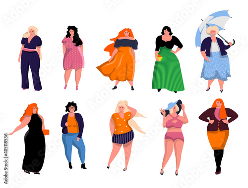 Beautiful overweight woman dressed in casual clothes set. Plus size chubby glamour attractive fashion girl presenting body positive acceptance vector illustration set isolated on white background