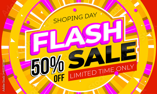 Flash sale promotional poster mockup with time limited offer. Trendy advertising banner promoting special discount with price cut in half for online shopping marketplace vector illustration
