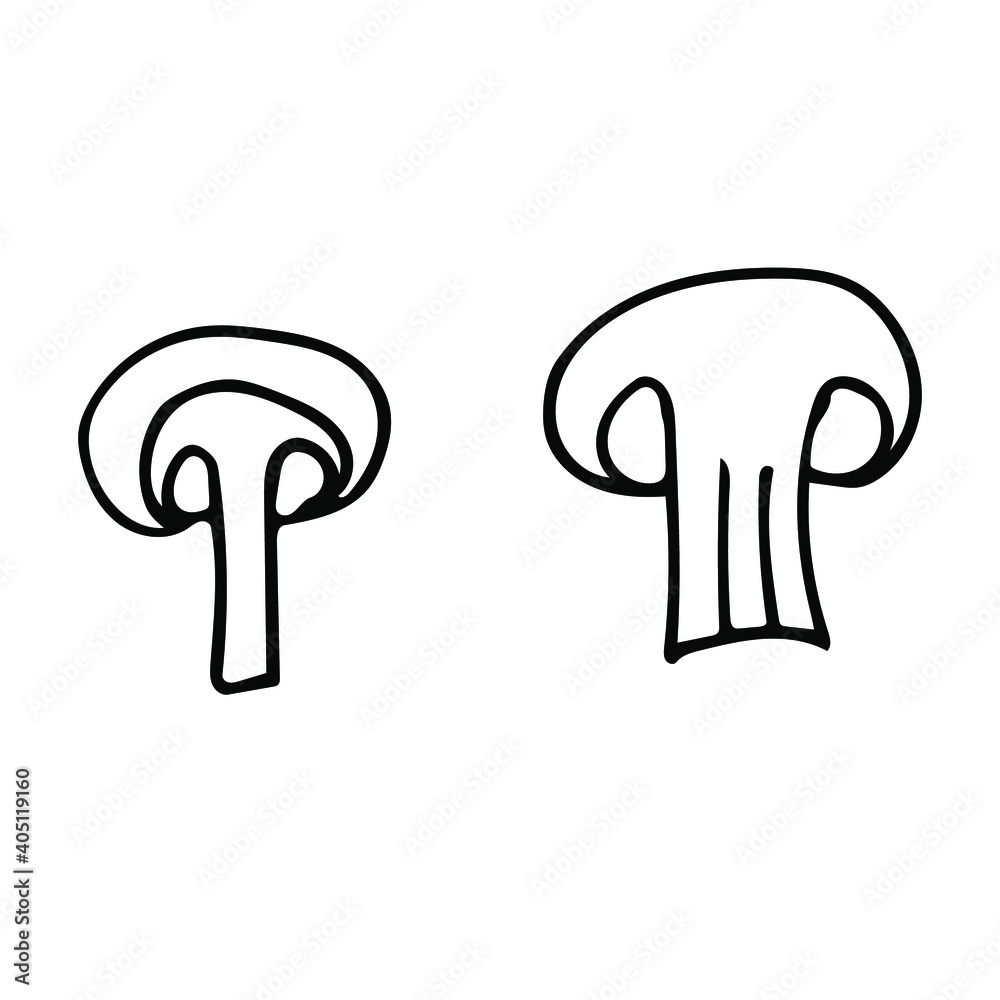 Cute hand-drawn mushrooms cut in half. Doodle vector illustration for vegetable blanks, cooking recipes and kitchen design. Cute hand-drawn mushrooms cut in half. Doodle vector illustration for vegetable blanks, cooking recipes and kitchen design.