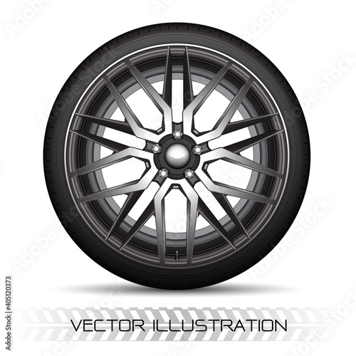 Realistic vector silver black alloy car wheel tire style sport on white background illustration.