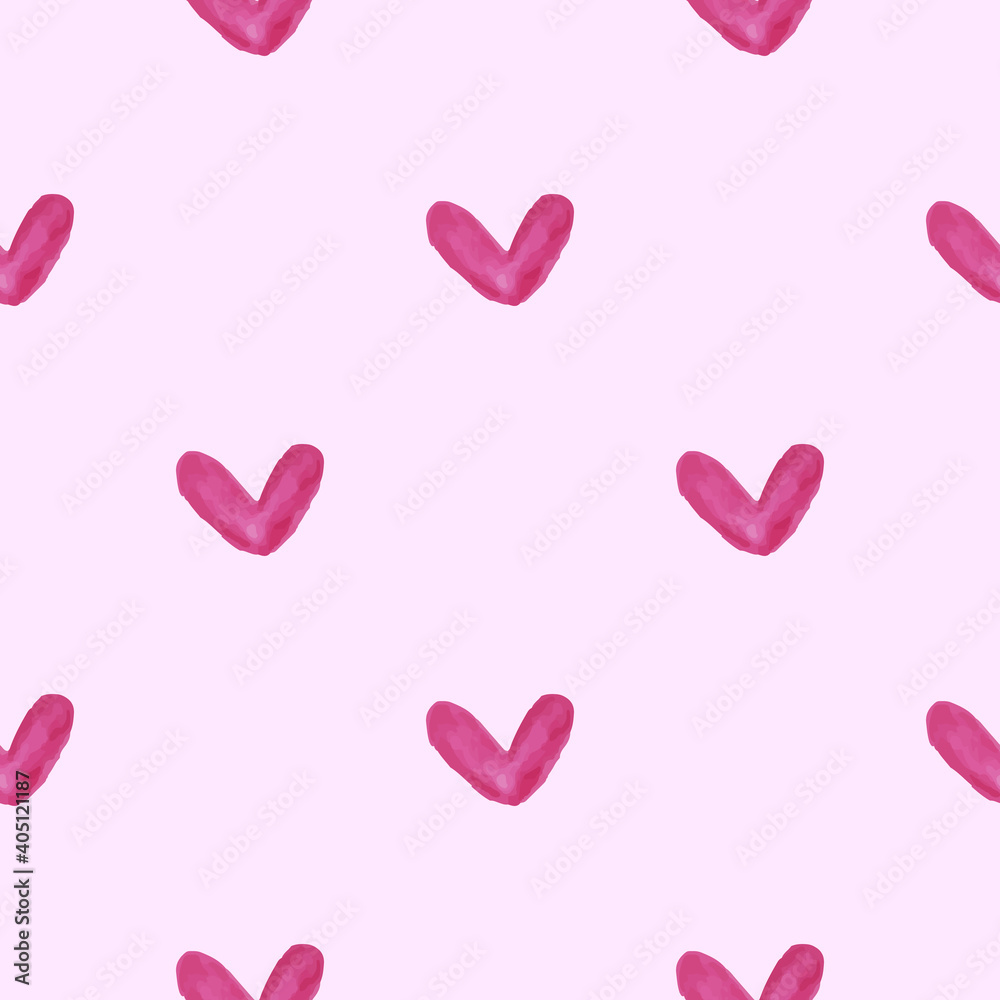 Vector watercolor seamless pattern with pink hearts, cute love texture
