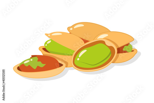 Group of pistachios nuts in cartoon style isolated on white background. Cracked nutshell with green and brown nuts. Vector illustration