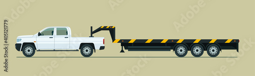 Towing pickup truck with trailer isolated. Vector flat style illustration.