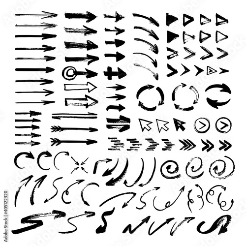 Big collection of arrows. One-stroke drawing. Hand-drawn by brush. Straight  round  thick  thin  spiral signs and icons.