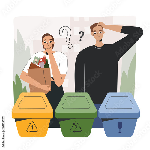 Young people soting waste, puzzled at recycle trash bins or containers, not knowing how to separate garbage, vector cartoon