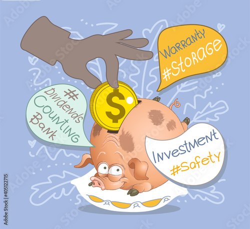 Vector illustration. A hand throws a coin into a piggy bank on a soft pillow. Speech bubbles all around. The concept of safe accumulation, storage and saving money. Internet banking deposit. 