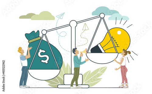 Vector. Infographic illustration of businessmen who invest in an idea. A metaphor for the desire to receive more dividends from business development.