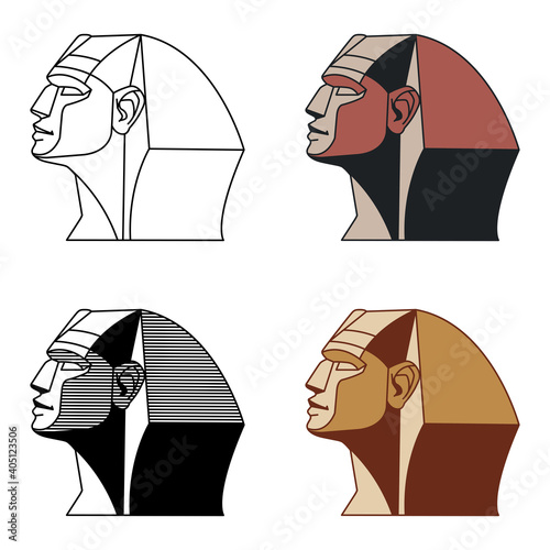 head of the ancient Egyptian great sphinx of Giza, for tourist logo or emblem, color vector illustration with black lines isolated on a white background, various design, cartoon, contour drawing