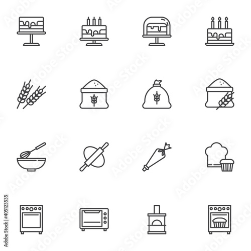 Bakery related line icons set, bakery shop outline vector symbol collection, linear style pictogram pack. Signs, logo illustration. Set includes icons as flour bag, rolling pin, oven stove, cupcake