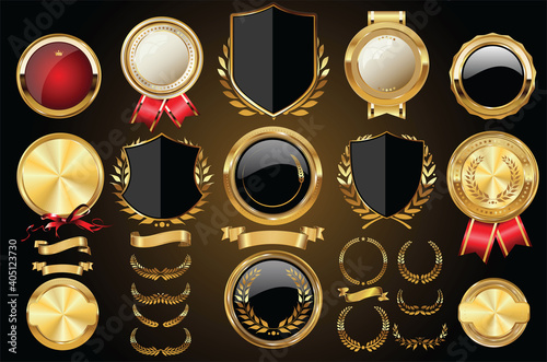 Vector medieval golden shields laurel wreaths and badges collection