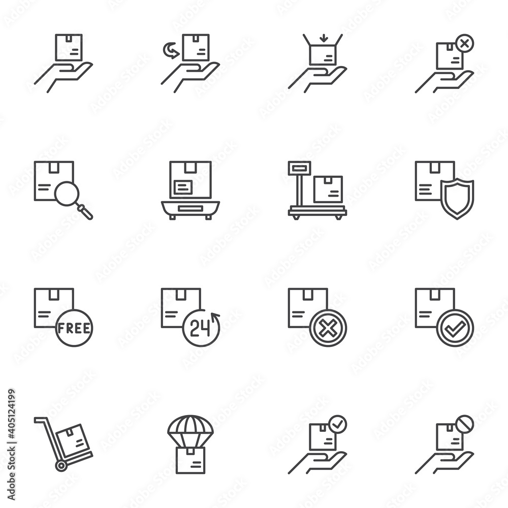 Cargo logistics line icons set, shipping and logistics outline vector symbol collection, linear style pictogram pack. Signs, logo illustration. Set includes icons as cardboard box delivery, insurance Cargo logistics line icons set, shipping and logistics outline vector symbol collection, linear style pictogram pack. Signs, logo illustration. Set includes icons as cardboard box delivery, insurance