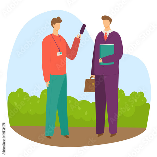 Professional male character reporter hold microphone interview businessman with diplomat flat vector illustration, isolated on white. Sociological survey man in suit, business news channel.