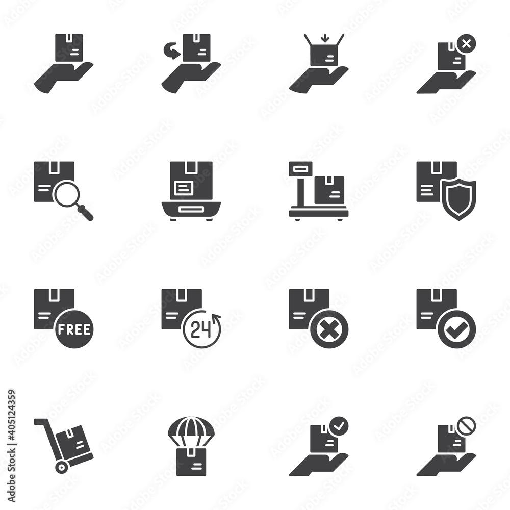 Cargo logistics vector icons set, shipping and logistics modern solid symbol collection, filled style pictogram pack. Signs, logo illustration. Set includes icons as cardboard box delivery, insurance Cargo logistics vector icons set, shipping and logistics modern solid symbol collection, filled style pictogram pack. Signs, logo illustration. Set includes icons as cardboard box delivery, insurance