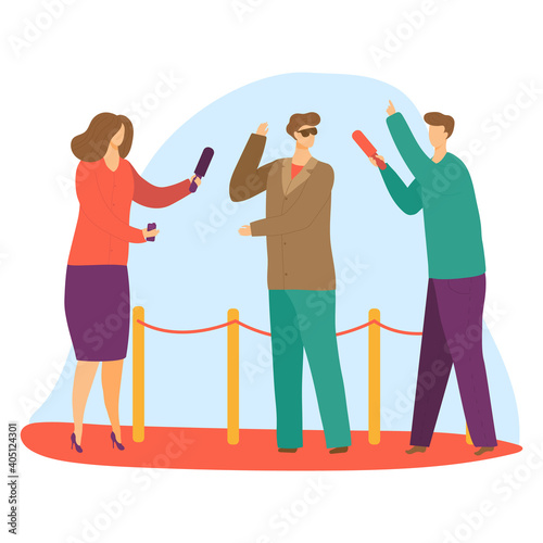 Professional male female paparazzi character hold microphone interview superstar in sunglass flat vector illustration, isolated on white. Paparazzo news channel, solemn meeting red carpet.