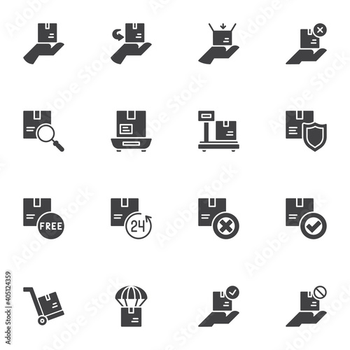 Cargo logistics vector icons set, shipping and logistics modern solid symbol collection, filled style pictogram pack. Signs, logo illustration. Set includes icons as cardboard box delivery, insurance