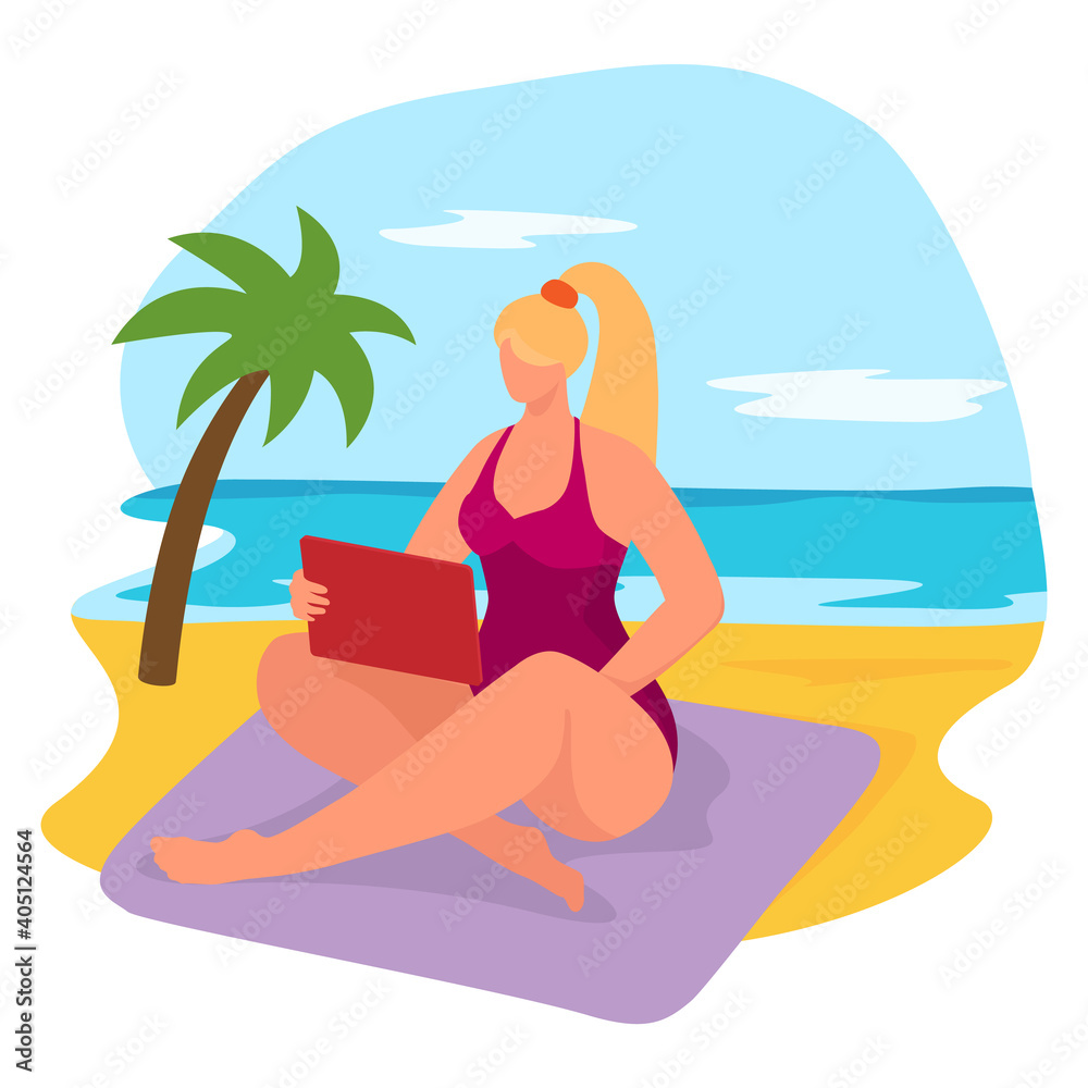 Tropical relaxation beach front side, cheerful vacation woman sitting hold gadget tablet flat vector illustration, isolated on white. Hot country resting spot, ocean with sand coast, palm tree.