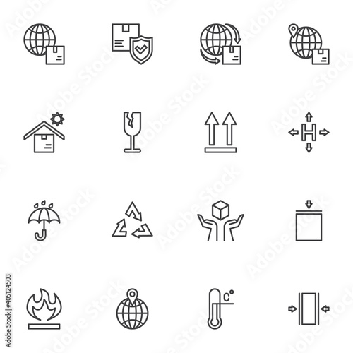 Logistics and shipping line icons set, cargo logistics outline vector symbol collection, linear style pictogram pack. Signs, logo illustration. Set includes icons as worldwide shipping, fragile parcel
