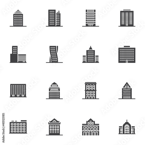 City buildings vector icons set, modern solid symbol collection, filled style pictogram pack. Signs, logo illustration. Set includes icons as real estate, residential building, skyscraper office, home