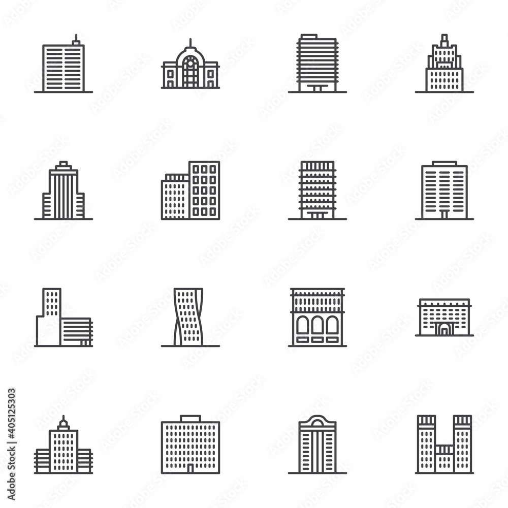Office buildings line icons set, architectural building outline vector symbol collection, linear style pictogram pack. Signs, logo illustration. Set includes icons as skyscraper, business office Office buildings line icons set, architectural building outline vector symbol collection, linear style pictogram pack. Signs, logo illustration. Set includes icons as skyscraper, business office