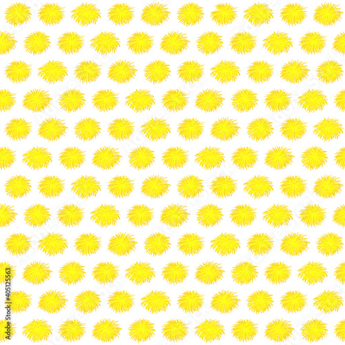 Seamless pattern of yellow flowers on white background. Endless bright backdrop with various dandelions. Hand-drawn blowballs, floral.