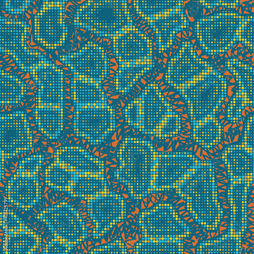 Abstract halftone camouflage. The skin of a chameleon or snake. Dot pattern in acid turquoise and orange tones camo background. Seamless vector texture