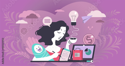 Abstract vector illustration. The modern woman combines motherhood and business. Family life and career development concept for housewife.