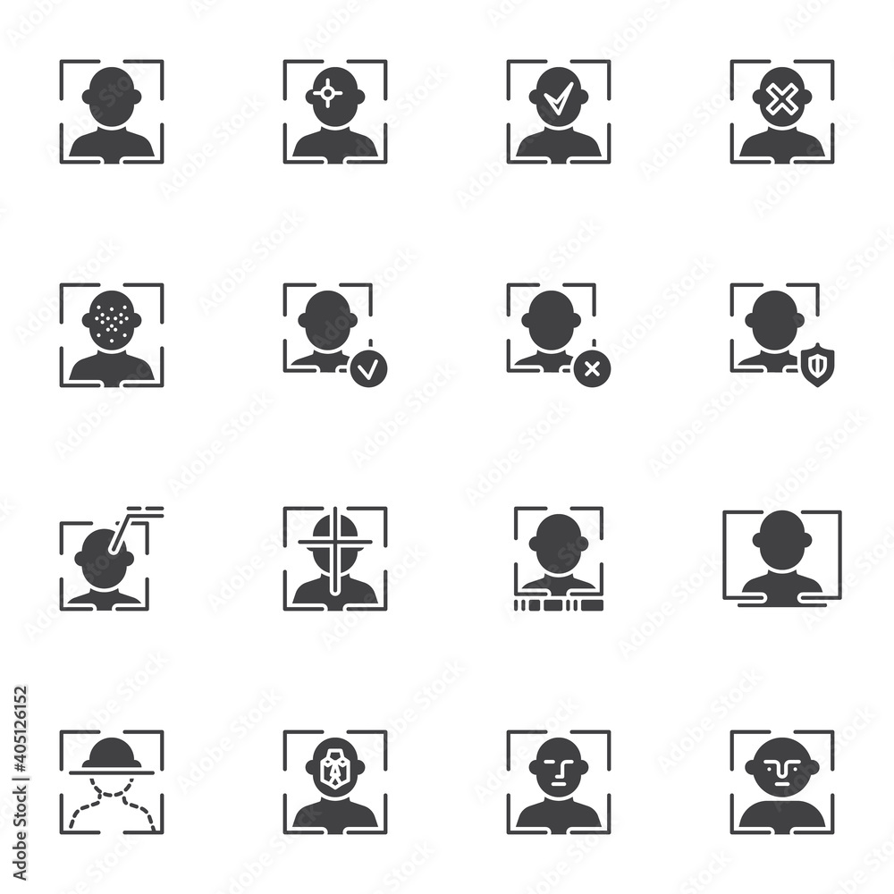 Face recognition vector icons set, modern solid symbol collection
