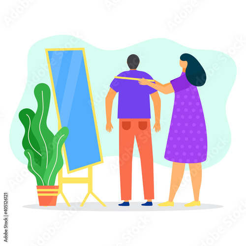 Woman clothier character measurement fashion t shirt, man standing floor mirror, female professional tailor flat vector illustration, isolated on white. Male fitting room place, casual outfit wear.