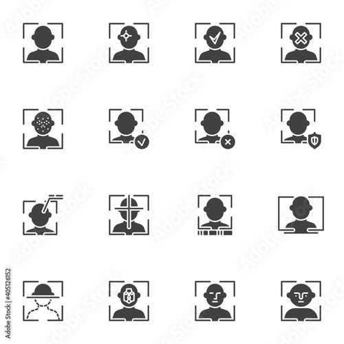 Face recognition vector icons set, modern solid symbol collection, filled style pictogram pack. Signs, logo illustration. Set includes icons as face ID, biometrics detection, face identification scan