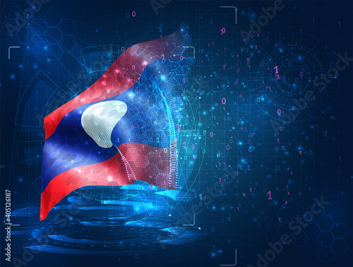 Laos, vector 3d flag on blue background with hud interfaces