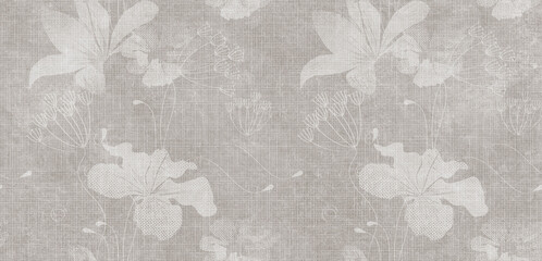 Flowers on the old white wall background, digital wall tiles or wallpaper design