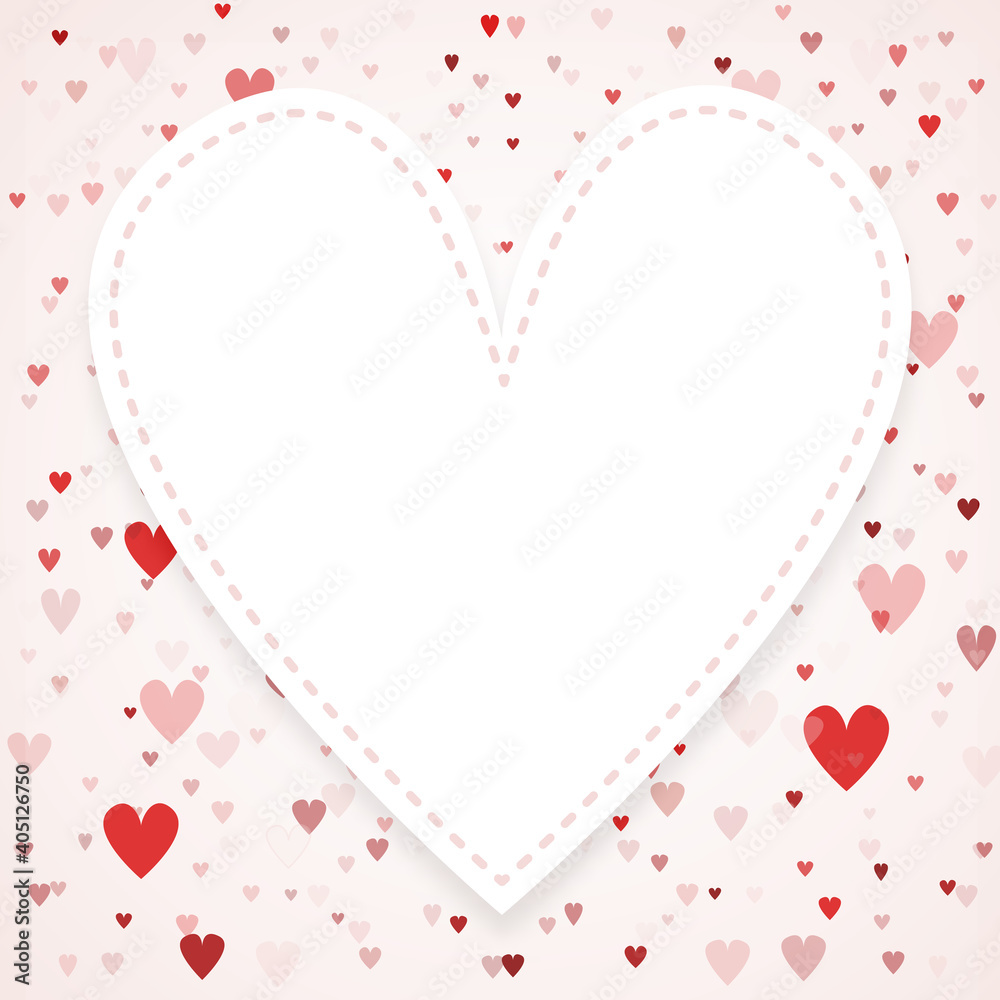 Valentines day card with copy space in the middle. Heart confetti falling over pink background for greeting cards, wedding invitation.