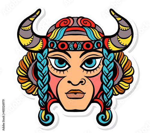 Vector illustration of trendy tattoos, stickers. Face of a man, shaman with braided hair and buffalo horns in vintage style