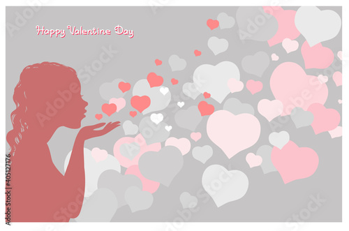 Vector illustration with an inscription. Happy Valentine Day. Attractive girl sends an air kiss surrounded by hearts.