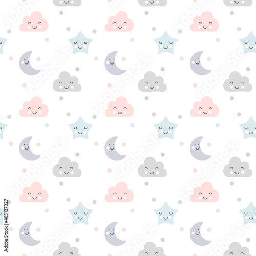 Cute vector clouds, moon, and stars seamless pattern sleep in scandinavian style isolated on white background for kids. Hand drawn cartoon illustration for nordic poster, card, fabric, children book