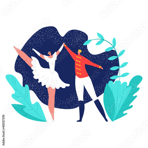 Professional woman and man character together dancer classic dancer, people beautiful suit flat vector illustration, isolated on white. Male hold hand female vocational performance ball.