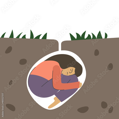 Depression, woman lying under ground