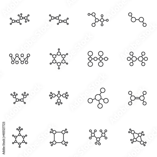 Molecule structure line icons set, molecular gas formula outline vector symbol collection, linear style pictogram pack. Signs, logo illustration. Set includes icons as chemical molecule connection