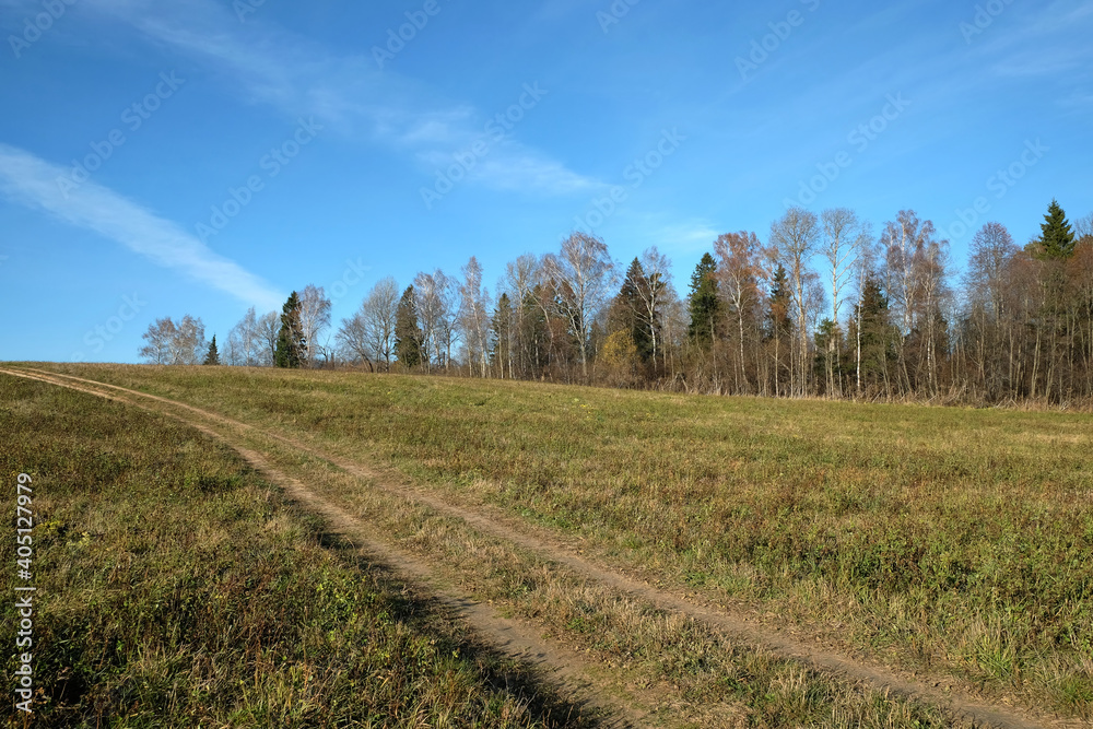 Beautiful early autumn rustic landscape with ground road runs through the field to forest under clear blue sky Beautiful early autumn rustic landscape with ground road runs through the field to forest under clear blue sky