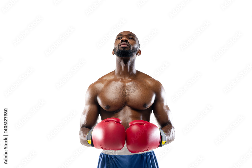 Inspired. Funny, bright emotions of professional african-american boxer isolated on white studio background. Excitement in game, human emotions, facial expression and passion with sport concept.