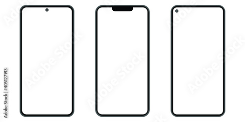 Set of black smartphone front isolated on white background. Flat vector illustration, design template. The camera on the top, center, left side
