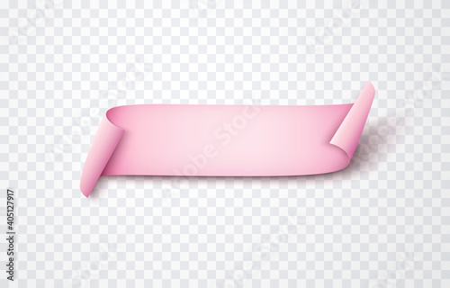 Pink ribbon, scroll or paper curved banner isolated on transparent background. Vector realistic 3D rolled border, empty sticker, label mock up with shadow