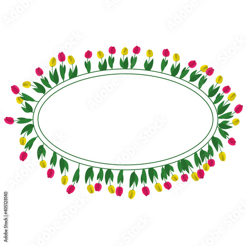 frame from an oval shape with flowers along the contour, yellow and red tulips