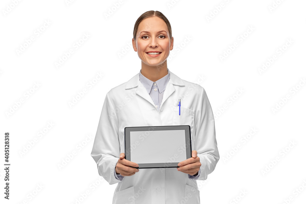 medicine, profession and healthcare concept - happy smiling female doctor or scientist in white coat with tablet pc computer medicine, profession and healthcare concept - happy smiling female doctor or scientist in white coat with tablet pc computer