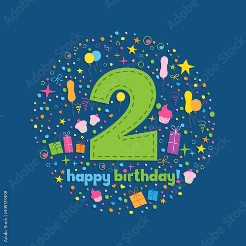 HAPPY 2nd BIRTHDAY! colorful vector hand lettering card with motifs on dark blue