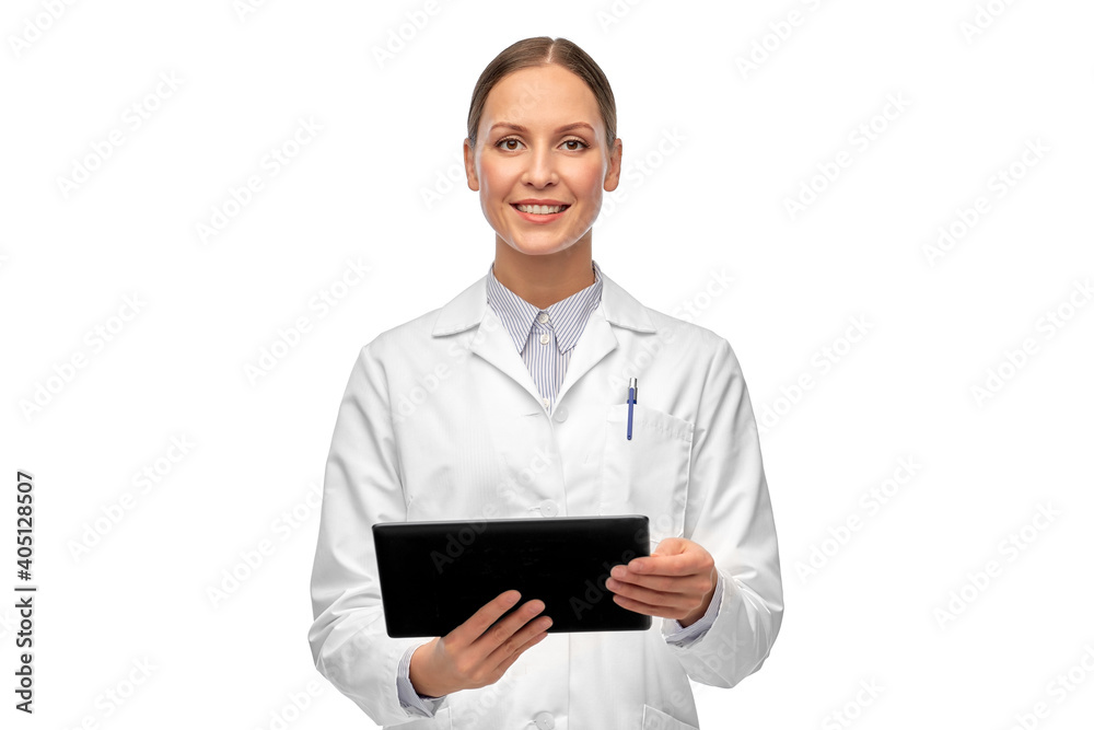 medicine, profession and healthcare concept - happy smiling female doctor or scientist in white coat with tablet pc computer medicine, profession and healthcare concept - happy smiling female doctor or scientist in white coat with tablet pc computer