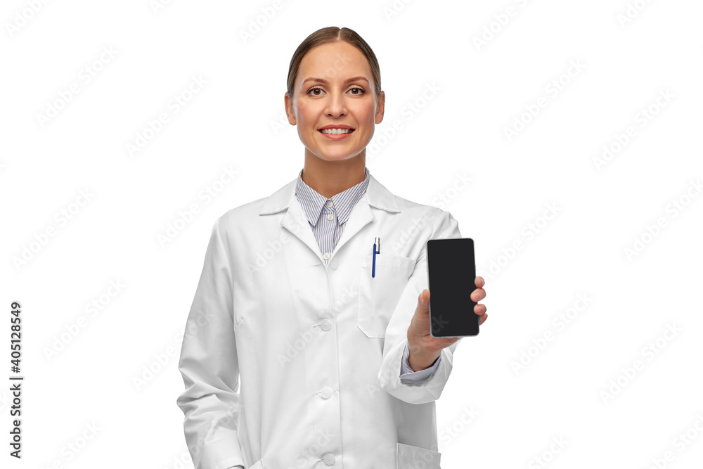 medicine, profession and healthcare concept - happy smiling female doctor or scientist showing smartphone over white background medicine, profession and healthcare concept - happy smiling female doctor or scientist showing smartphone over white background