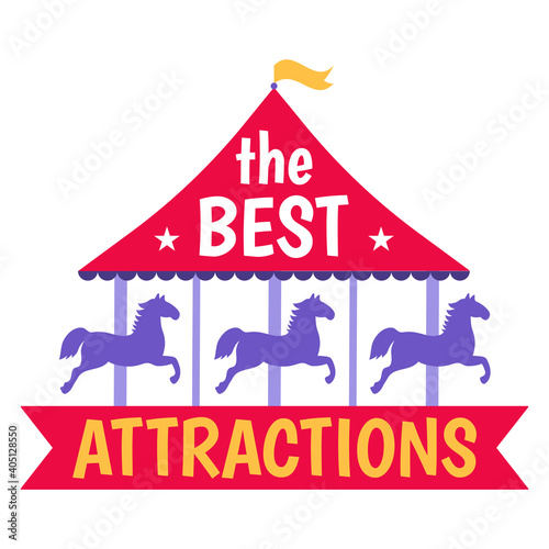Best attractions circus amusement, concept horse round carousel, icon entertainment carnival flat vector illustration, isolated on white. Spectacular theme park, carrousel children play.