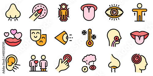 Senses icons set. Outline set of senses vector icons thin line color flat on white